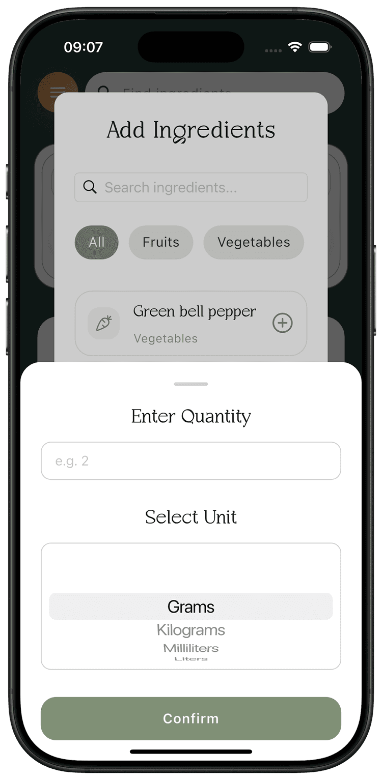 Add Ingredient Details Screen